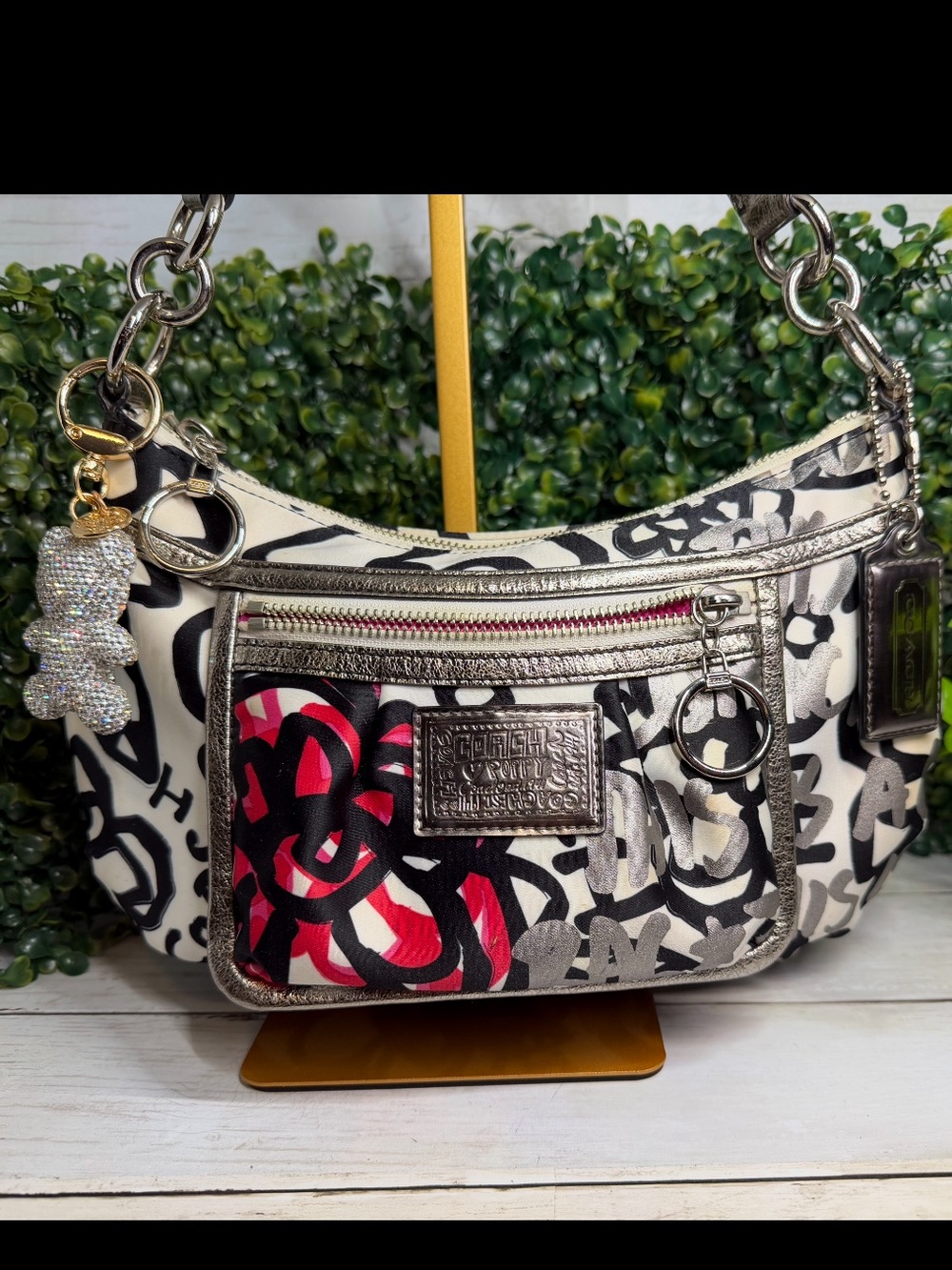 Stylish Coach Graffiti-Print Shoulder Bag in Black, White & Pink